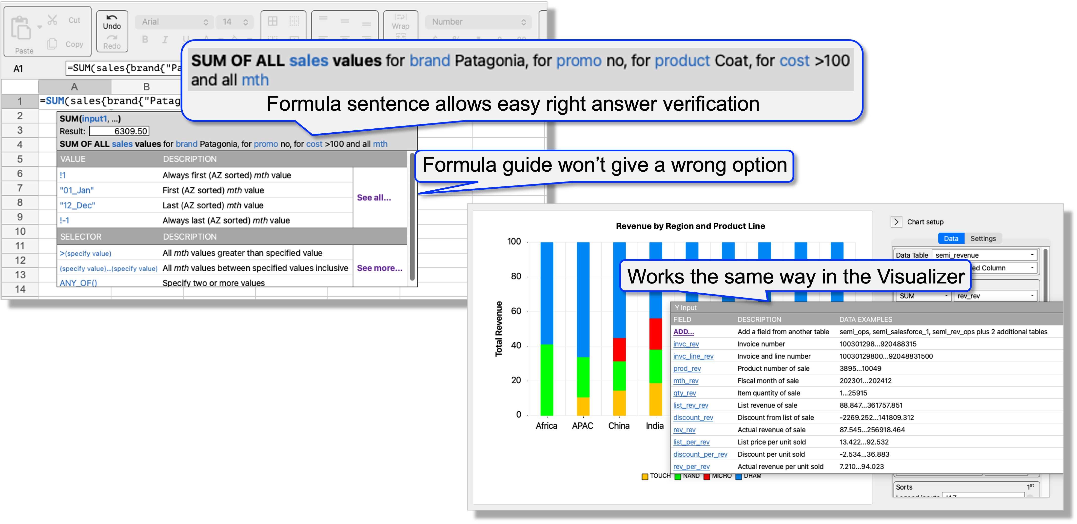 A plain-English formula sentence and the formula guide popup that only offers valid options, plus the same guided field picker working in the Data Visualizer, so each answer is easy to verify